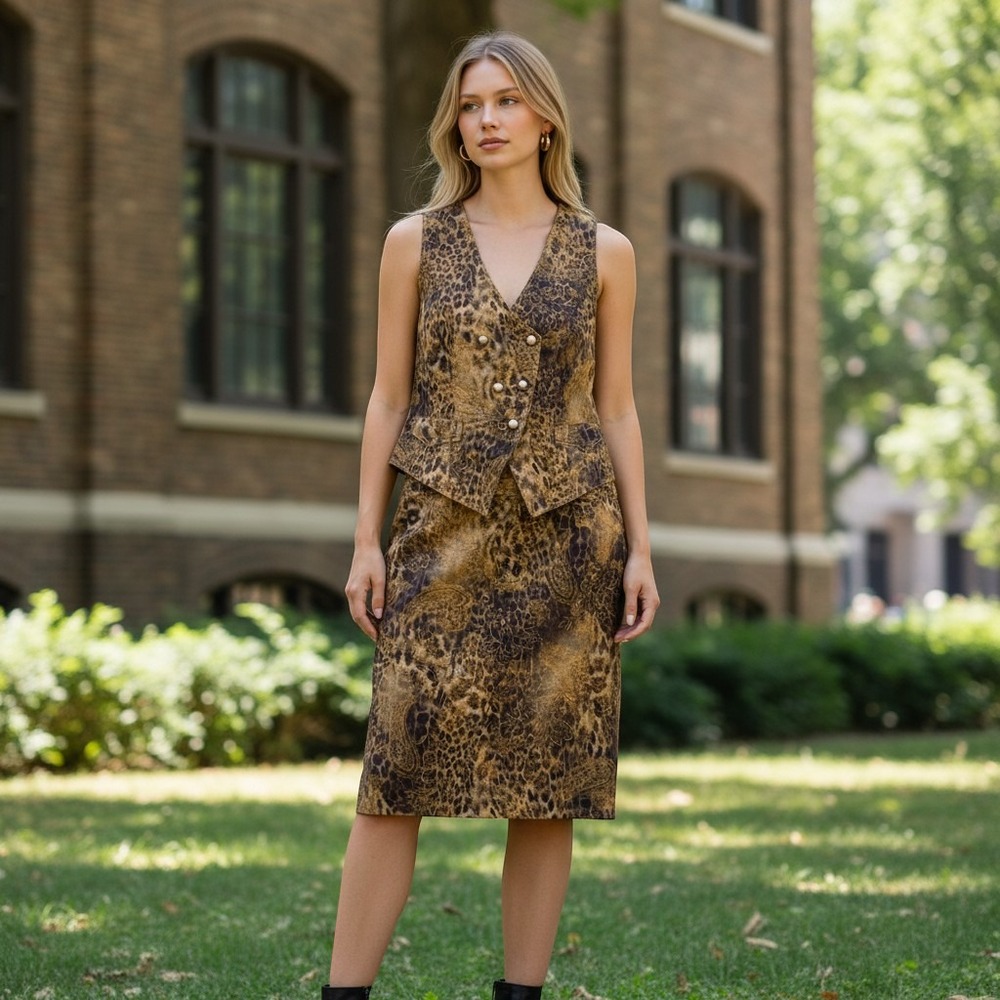Alba Moda 2 Piece Brown Leopard Paisley Print Vest and Skirt Set Size 16 US